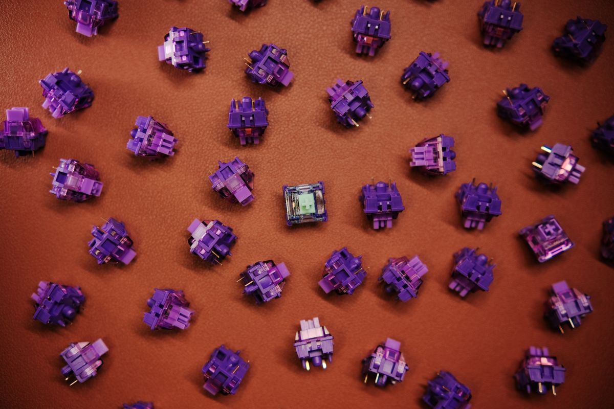 A close-up of keyboard switches under keycaps