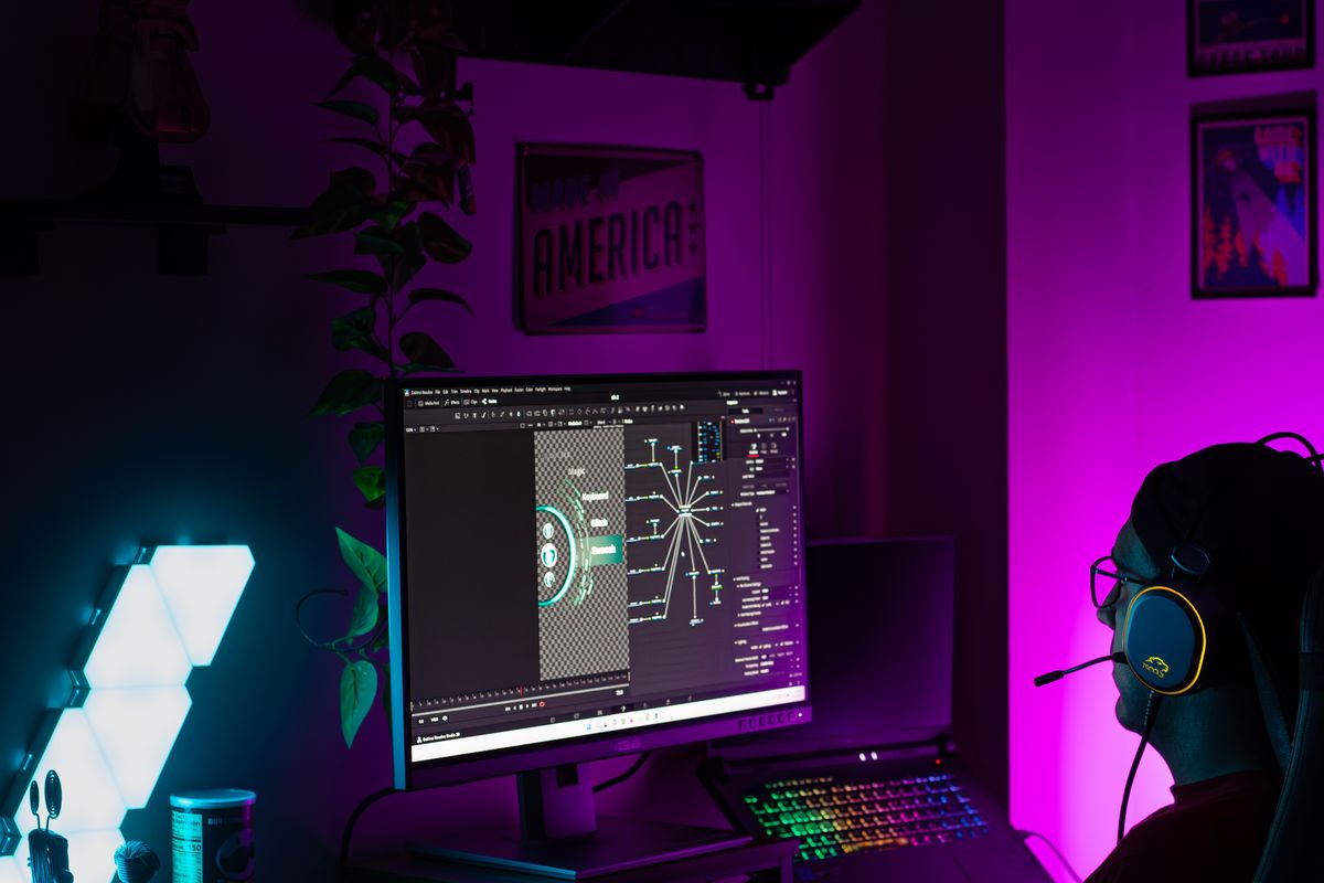 A streaming desk with microphone and camera light