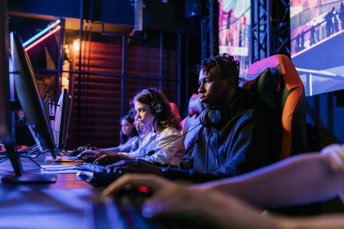 A racing-style gaming chair with high backrest